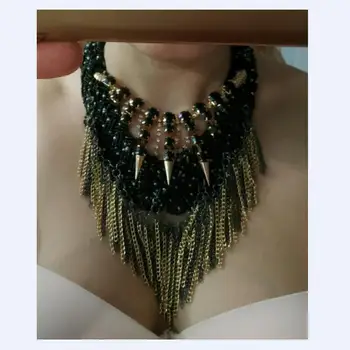 

Jewelry Seed Bead Metal Chain Tassel Big Choker Necklace Women Boho Vintage Statement Necklace Large Collar Maxi Chunky Necklace