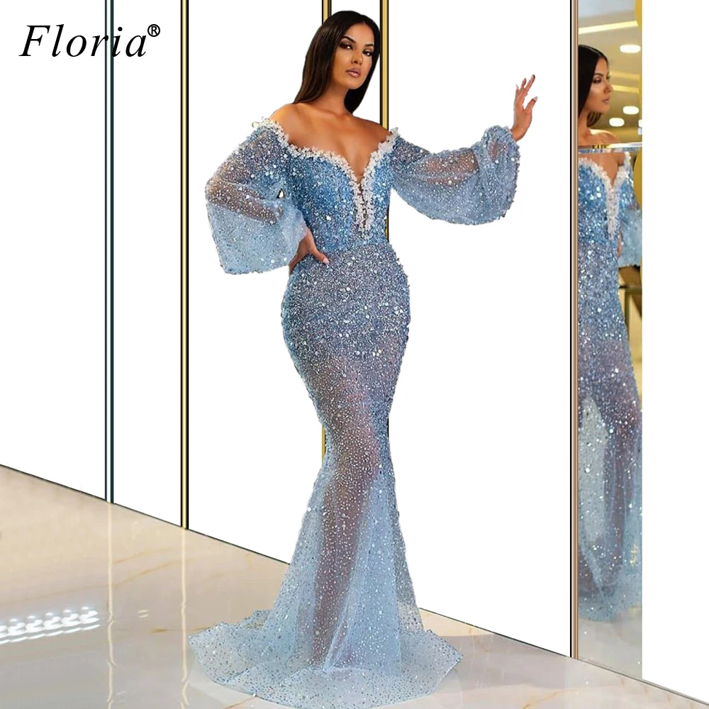 

Dubai Sky Blue Glitter Prom Dresses 2020 Long Mermaid Formal Evening Dresses Woman Party Night Abiye Gece Elbisesi Cocktail Gown