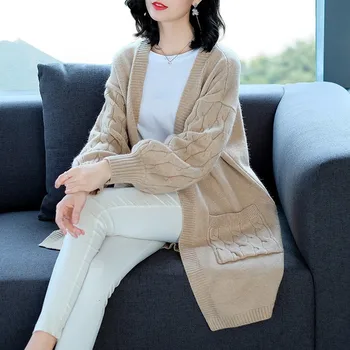 

New Autumn Winter Women's Cardigan V-Neck Long Sleeve Casual Knitted Sweater Coat Fashionable Female Pockets Loose Streetwear