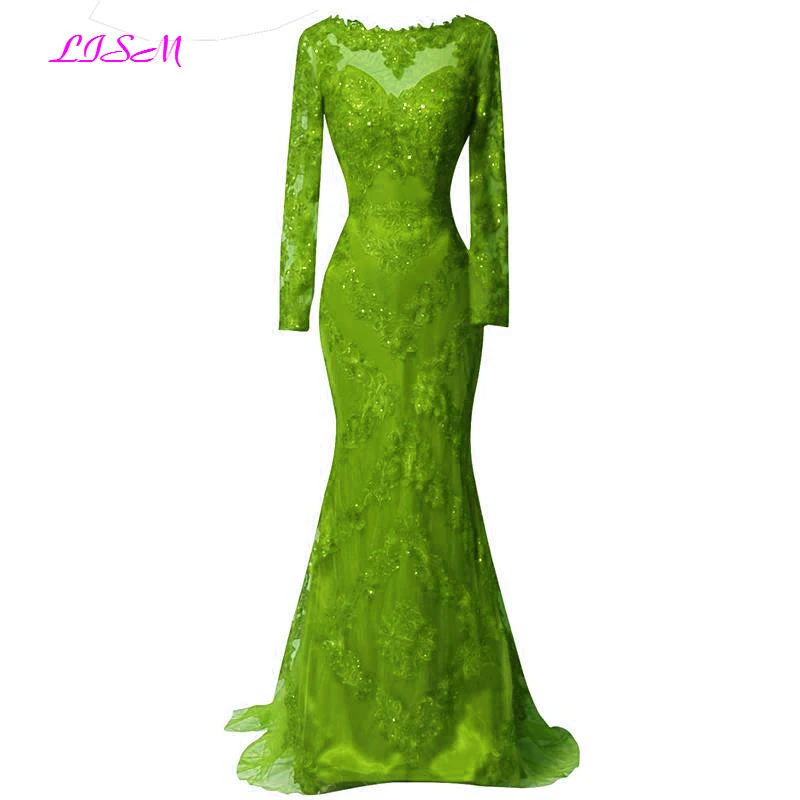 Real Photos Red Full Sleeved Evening Dress 2022 Lace Appliques Mermaid Prom Dresses Elegant Long Sweep Train Formal Party Gowns green evening gown Evening Dresses