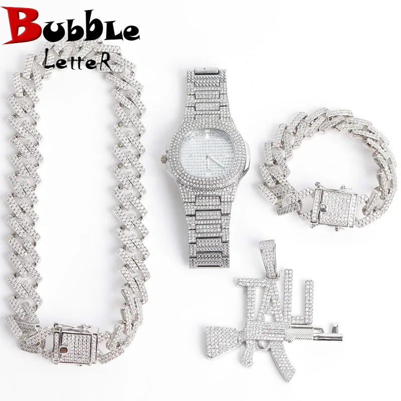 

Bubble Letter Brass CZ Stones White Gold Plated Hip Hop Jewelry Set (Necklace+Bracelet+Watch+Pendant)