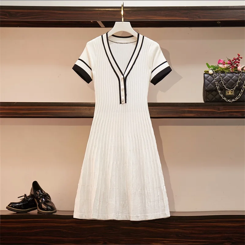 

L-3XL Plus Size 2019 Summer Women V Neck Short Sleeves Knitted A Line Dress Female Casual Dresses N146
