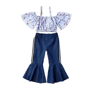 

Fashion Summer Girls Clothing Sets Children Off Shoulder Floral Tops Dnim Bell-bottom Pants 2Pcs Kids Outfits Teen Girls Clothes