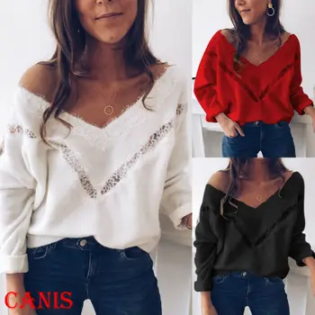 

2019 Sexy Floral Lace Stylish Women Fashion Tee Soft Loose Long Sleeve Shirt Tops Ladies Casual T-shirt Plus Size Oversize