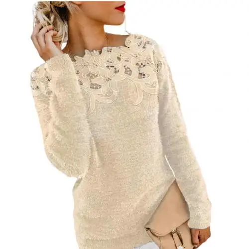 Женские свитера, сплошной цвет, длинный рукав, о-образный вырез, цветочный кружевной пуловер размера плюс, свитер, Женская водолазка - Цвет: Хаки