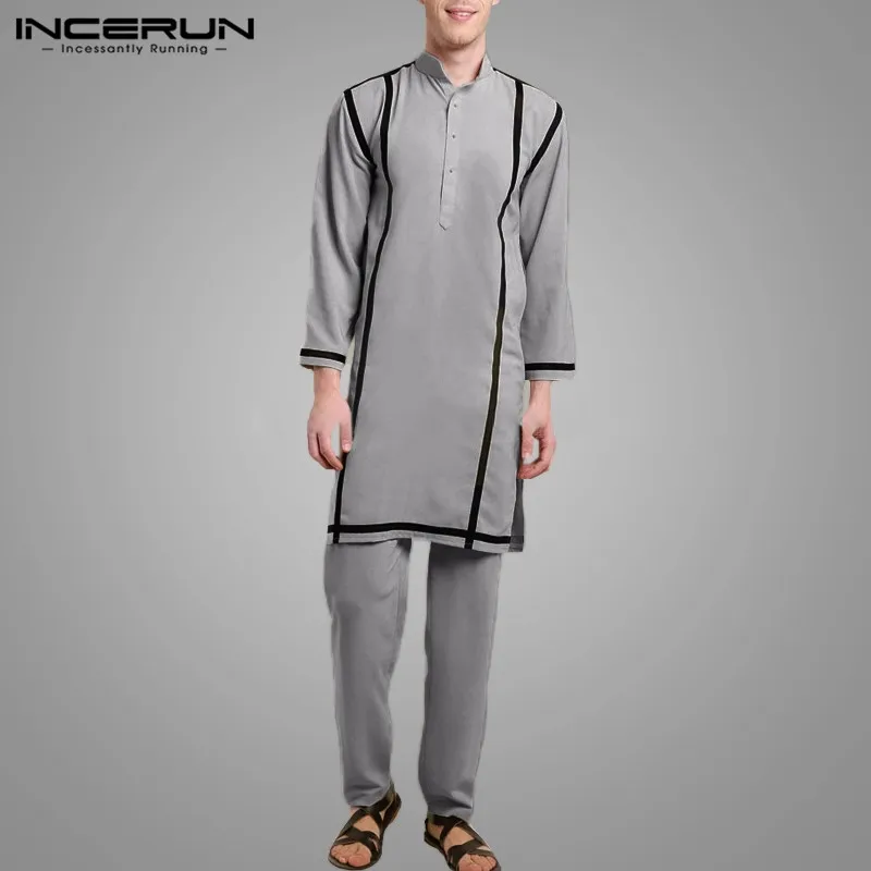 Trajes de kaftán musulmán Vintage para hombre, conjunto de tela de retazos, holgado, con botones, pantalones elásticos, S-5XL