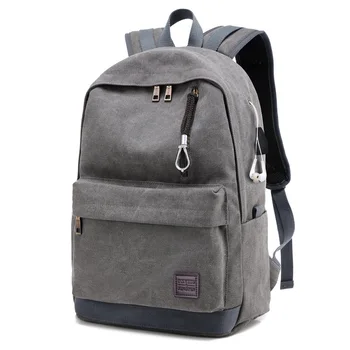 

JHD-Men's Backpack Recharge USB Retro Earphone Canvas Travel Sport Casual Multifunction Gray