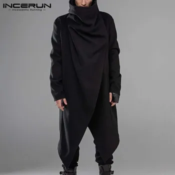 

INCERUN Fashion Men Cloak Coats Turtleneck Punk Style Long Sleeve Streetwear Solid Men Cape Jackets Irregular Hem Outerwear 2020