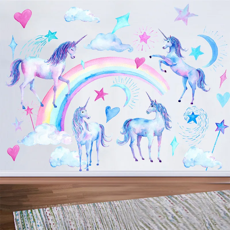 2021 Unicorn Wall Stickers for Kids Rooms Bedroom Living Room Decorative Children Decals Green Wallpaper Murals Decor | Дом и сад