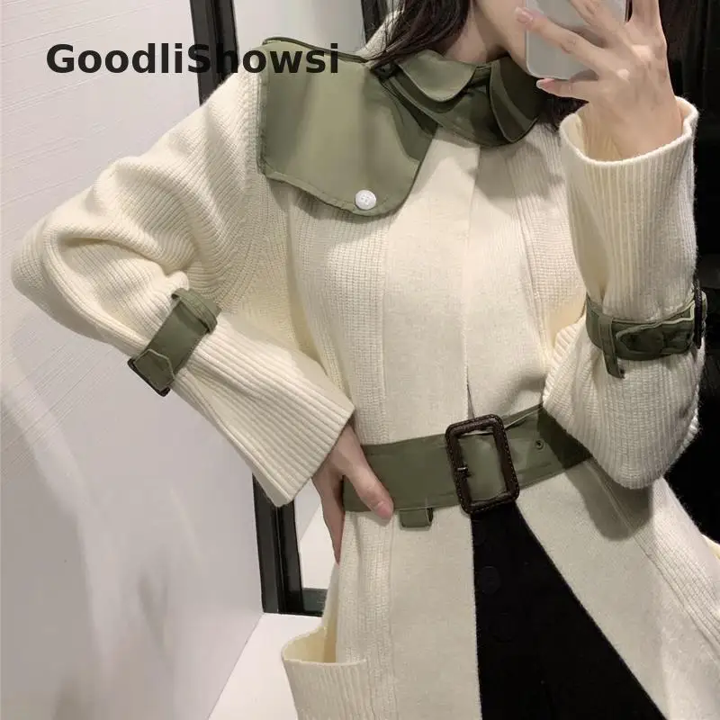 GoodliShowsi Модные женские повседневные кардиганы армейский зеленый лоскутный съемный воротник открытая стежка Облегающее вязаное пальто с поясом