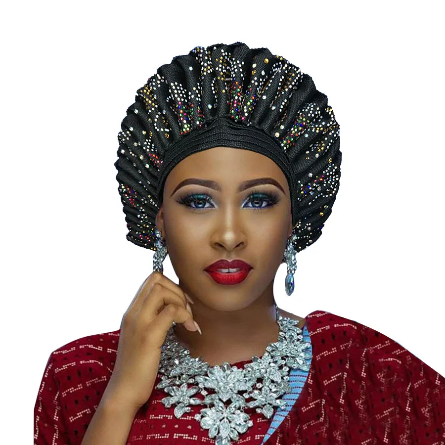 Высокое качество aso oke gele африканские головные уборы с камнями - Цвет: black