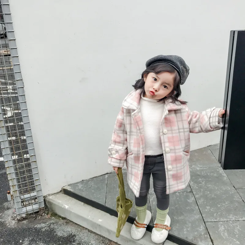 Мода г.; осенне-зимнее плотное клетчатое пальто для маленьких девочек; детская однобортная куртка; детское шерстяное пальто; Длинная Куртка - Цвет: pink