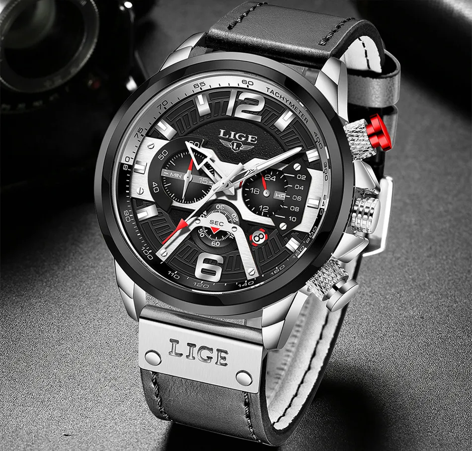 LIGE New Men Watches Top Brand Luxury Leather Chronograph Sport Watch For Mens Fashion Date Waterproof Clock Relogio Masculino