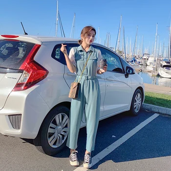 

Women Summer Short Sleeve Fashion Splice Korean Sashe Jumpsuit One Piece Casual Pants Overalls Office Lady Loose Rompers 2020