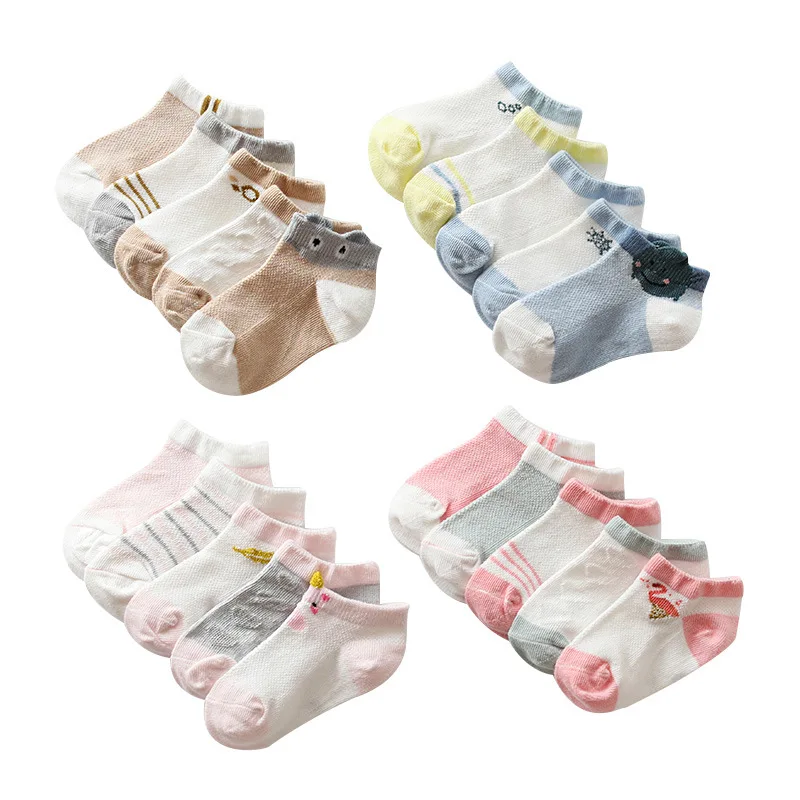 

5 Pairs/set Children Ankle Sock Spring Summer Short Pure Colors Cotton Kids Mesh Socks with Lovely Pattern Wholesale