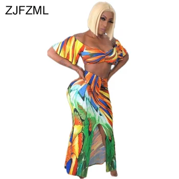

Print Two Piece Skirt Set Women Clothes Off Shoulder Backless Crop Tops and Front Split Long Bandage Skirt 2 Piece Macthing Sets