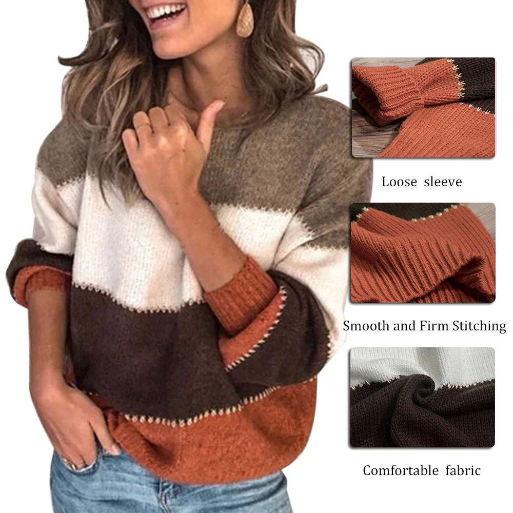 Adisputent 2020 New Spring Female Casual Patchwork Sweater Women O-neck Long Sleeve Knitted Pullover Female Loose Stripe Jumper