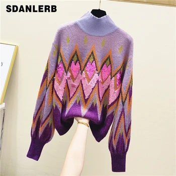 

2020 New Spring Winter Super Flash Sequins Diamond Pattern Jacquard Color Panel Sweater Turtle-Neck Lantern-Sleeve Sweater Knit