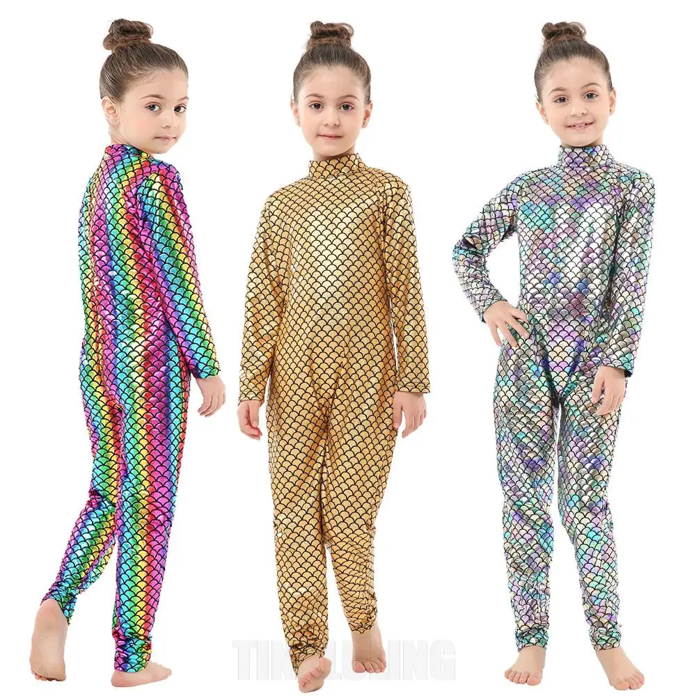 Kids Sliver Fashion Unicorn Rainbow Jumpsuits Girls One Piece Fish Skin Printing Spandex Cosplay Costume Children