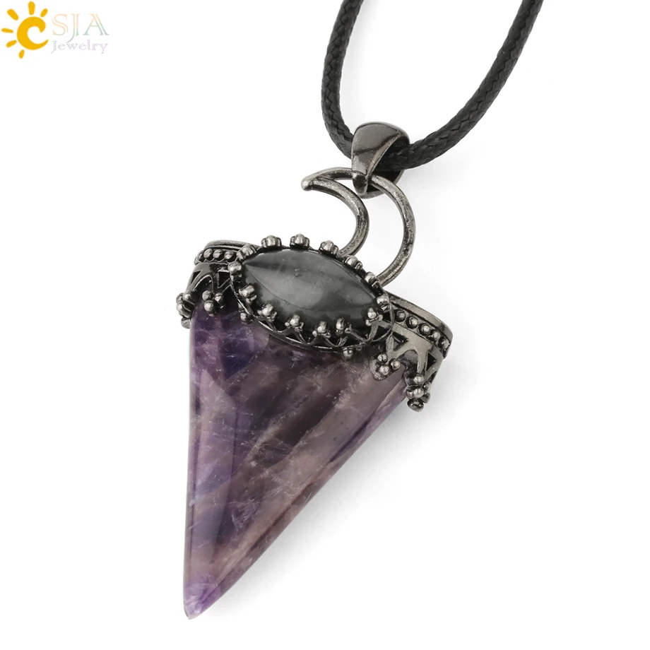 Amethyst Chain CSJA, натуральная треугольная Подвеска из камня, ожерелье, античный серебряный цвет, корона, Луна, лабрадорит, геометрический, для женщин и мужчин, Трендовое ювелирное изделие G324 - Окраска металла: Amethyst Chain