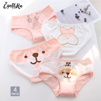 

CYNTHRA 4Pcs / Mid-waist Panties Women Cotton Cartoon Underwear Cute Print Seamless Briefs Bottoms Plus Size Women's Underpants