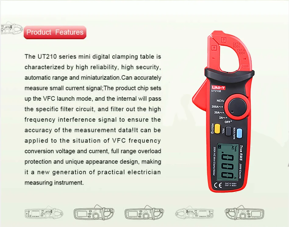 Description Picture 6 of itemUNIT Mini Digital Clamp Meters UT210E UT210D UT204 Plus AC/DC Current Voltage Auto Range VFC Capacitance Non Contact Multimeter