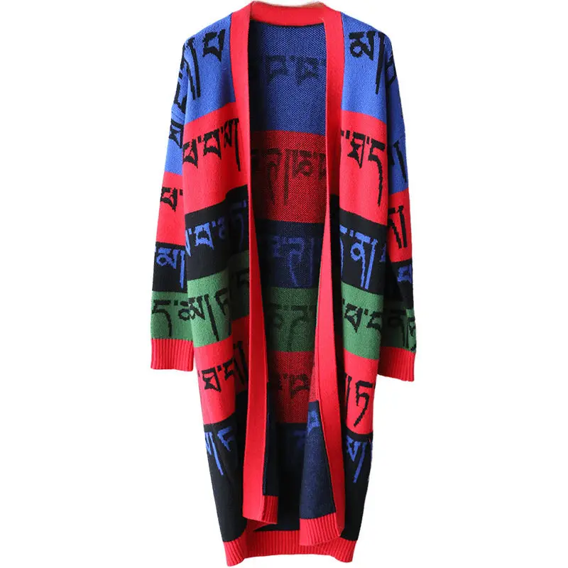 Korean Loose Hit Color Letter Sweater Coat Female Autumn Winter Ladies Fashion Large Size Long Knit Cardigan Chaqueta f2052