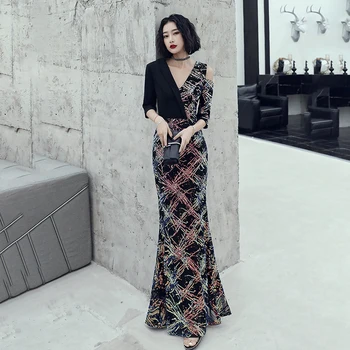 

Mermaid Women Evening Party Gown Asymmetrical Slim Qipao Bling Sequins Chinese Dress Sexy Prom Vestidos Plus Size 3XL Cheongsam