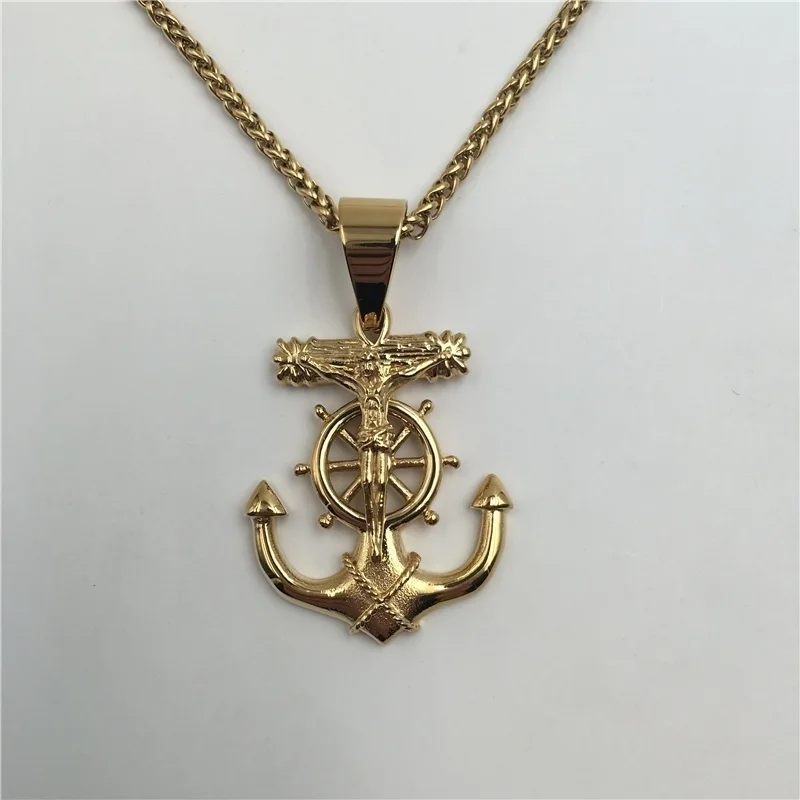Cross Rudder Anchor Pendant Necklace Gold Plated Jewelry Stainless Steel Navigation Religious Necklacejavascript: | Украшения и