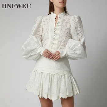 

2019 new fashion runway styles single breasted high collar lantern sleeves embroidery hollow out shirt and mini skirt D526