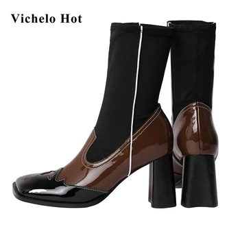 

Vichelo Hot new mixed colors vintage stretch boots square toe super high heel gentlewomen elegant streetwear mid-calf boots L25