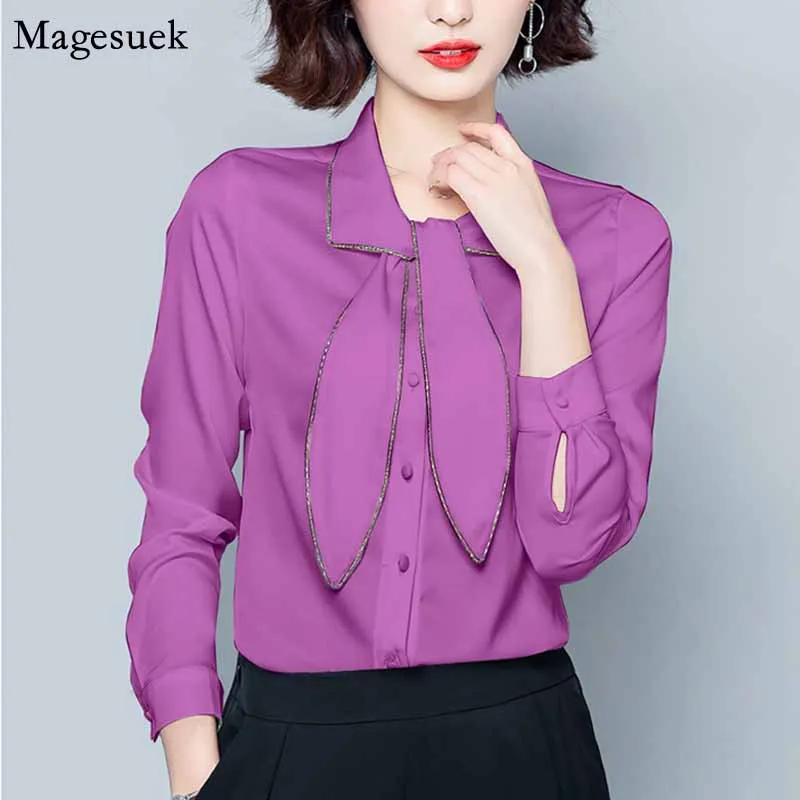 2020 Autumn Bow-neck Vintage Single-breasted Shirt Plus Size Women 4XL Silk Long Sleeve Solid Fashion Blouses 10565 |