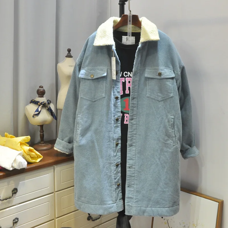 

Hipster Fashion Autumn And Winter New Products Solid Color Corduroy Loose-Fit Big Board Lambs Wool Mid-length Cotton-padded Clot