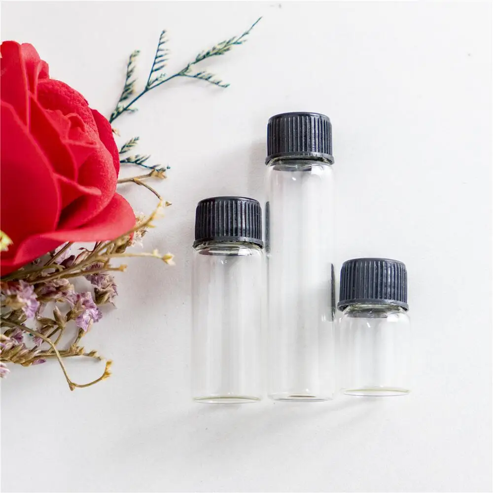 투명 유리 항아리 검은 플라스틱 뚜껑 2ml 4ml 6ml Vitreous 직경 16mm 미니 Hyaline 병 공예 리필 되나요 향수병 100Pcs