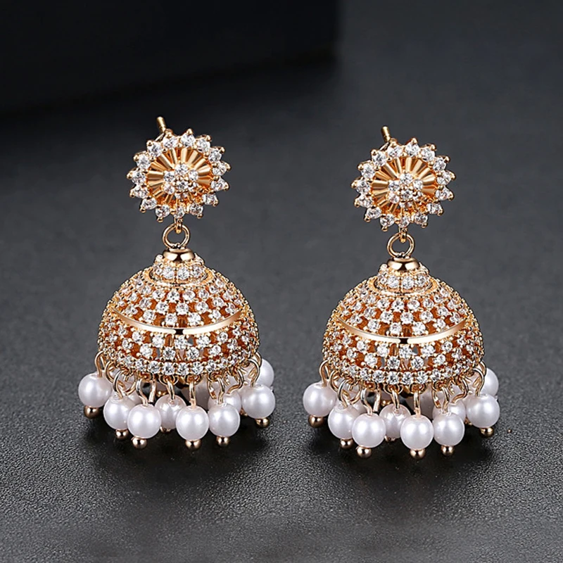 Этнические циркониевые бусины индийские Jhumka Jhumki висячие серьги женские жемчужные бусы вечерние Ювелирные изделия Подарки цыганские серьги в виде колокольчиков индийские винтажные