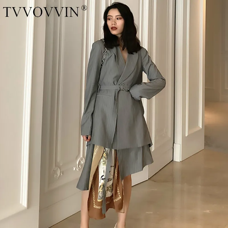 

TVVOVVIN 2019 New Autumn And Winter Lapel Long Sleeve Gray Striped Pattern Printed Loose Jacket +skirts Print Set C819