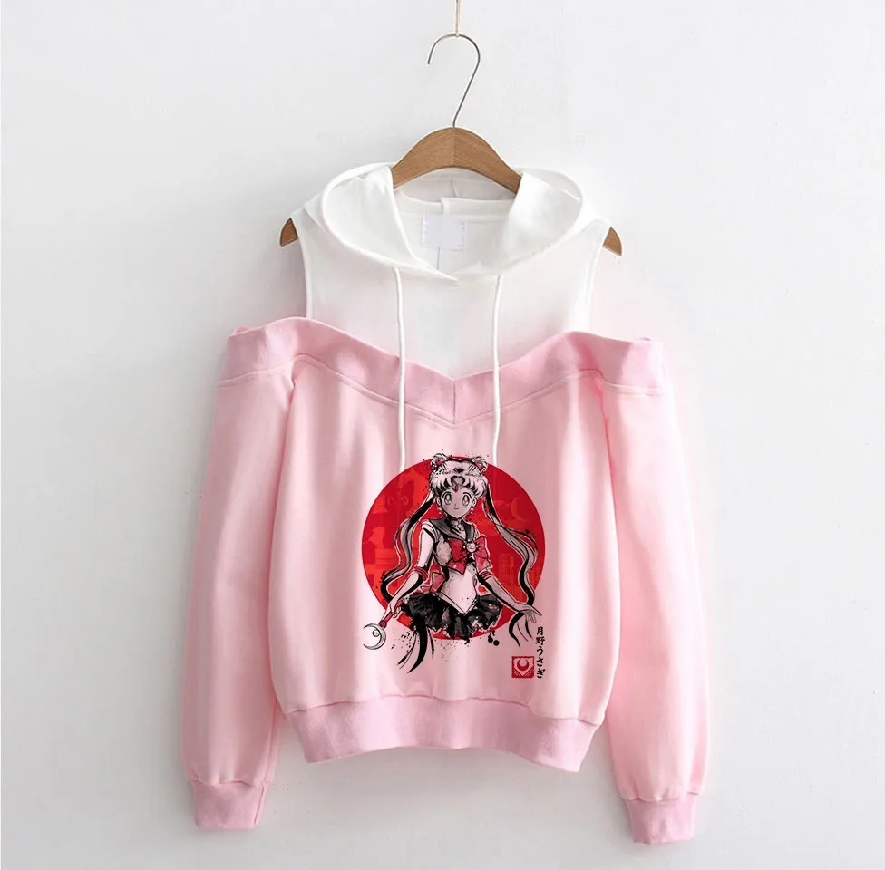 Сейлор Мун с открытыми плечами толстовка Kawaii одежда Топы женские толстовки Harajuku Сейлор толстовка с Луной одежда