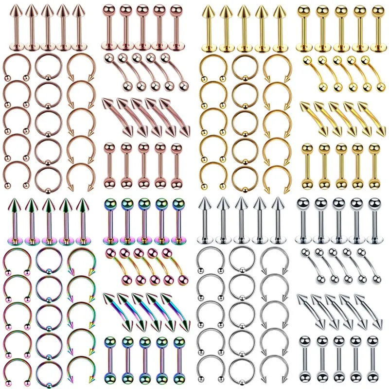 Surgical Steel Body Piercing Jewelry 40PCS Lot Bulk Nose Ring Tongue Bar Lot Eyebrow Labret Piercing Set Horseshoe Ring Pack piercing jewelry body piercing jewelry body jewelry