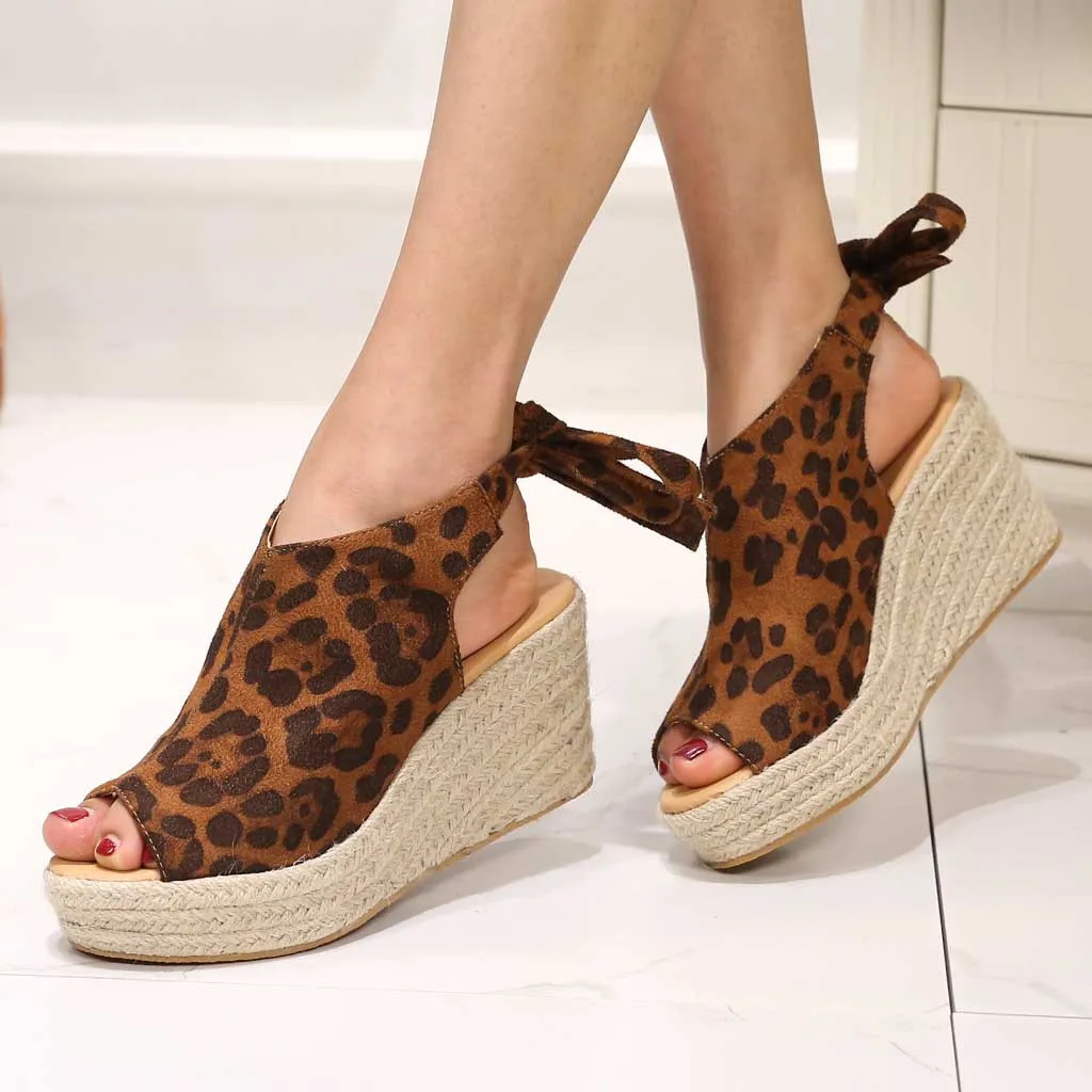 

Women Large Size Sandals Women Wedge Shoes Fashion Back Strap Platform Leopard Lace Up Sandals Female Shoes Sandalias Mujer 2019