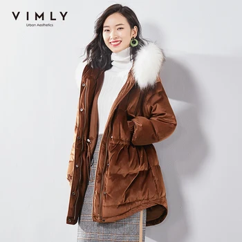 

Vimly Women Down Jacket Autumn Winter Vintage Solid Hooded Zipper Single Breasted Pockets Thick Elegant Female Overcoat 5132K