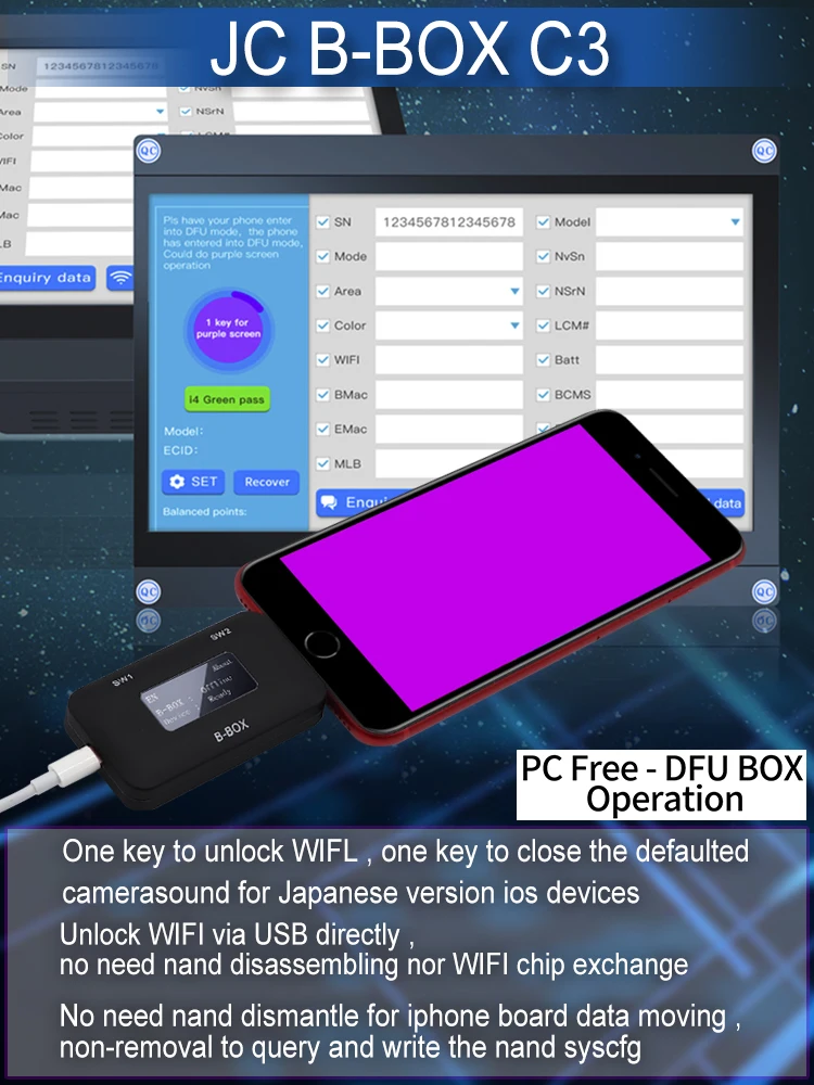 Плата JC B BOX C3 DFU Tool Windows DCSD для IOS A7 A11 одна кнопка фиолетовый режим iPhone & iP * d
