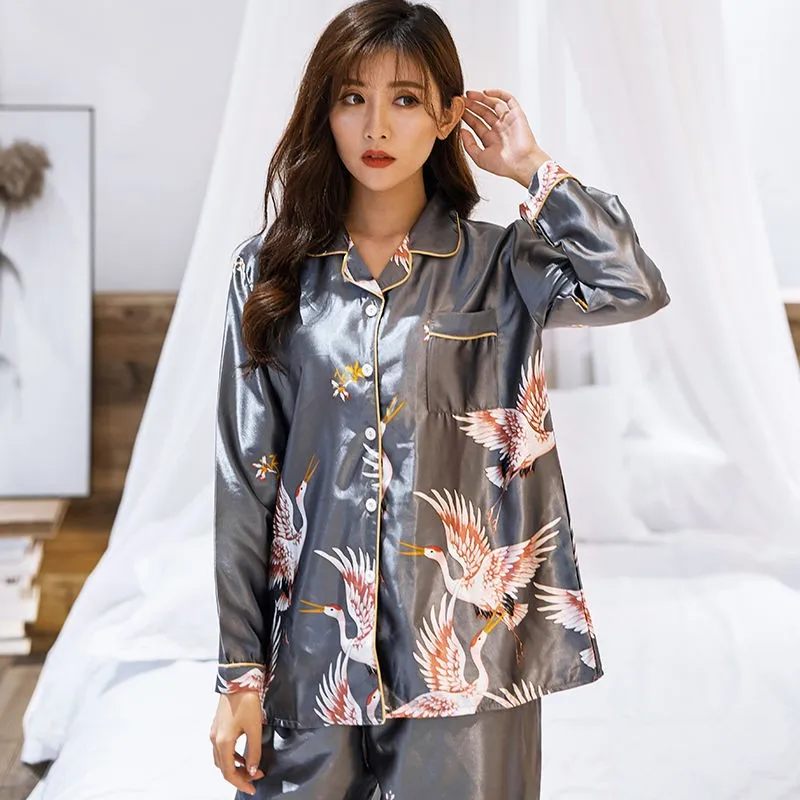 OVERSIZE Couples Print Pajamas Suit Shirt&Pants Silky 2PCS Sleep Set Kimono  Bathrobe Gown Casual Bridal Wedding Gift Nightwear