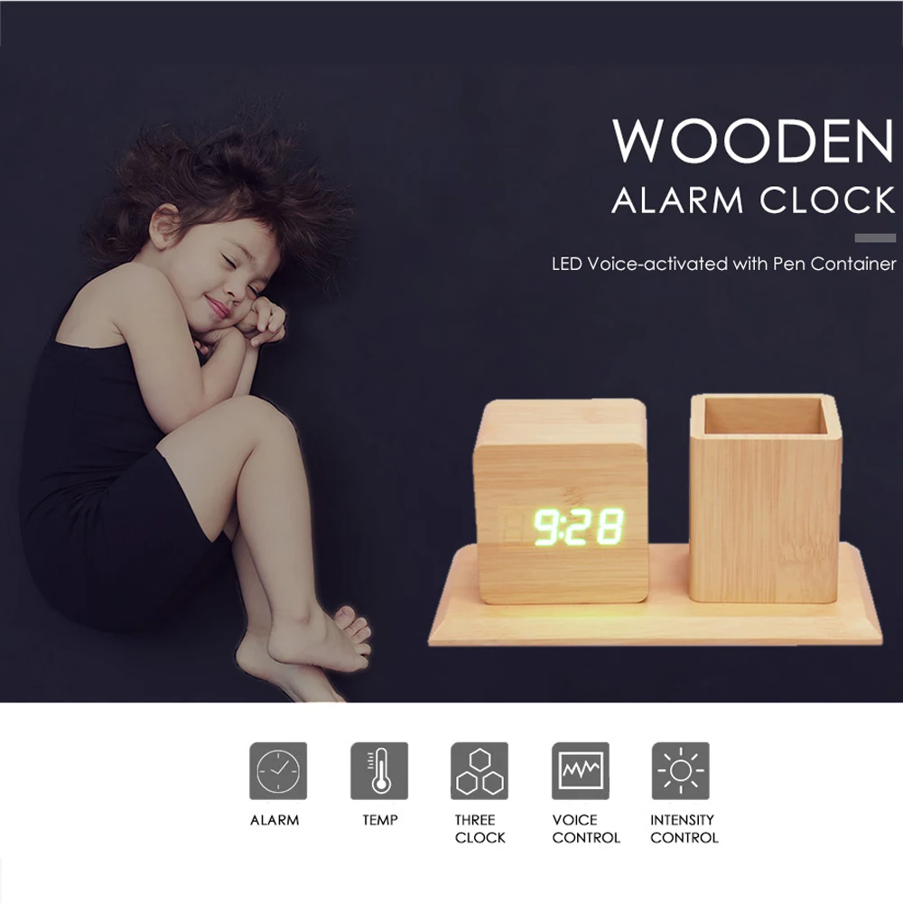 

Digital Thermometer Wooden LED Alarm Clock with Pen Case Digital Alarm Clocks Storage Box Retro Glow Clock Desktop Table Clock