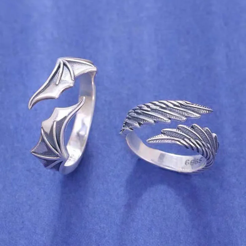 Couples Rings Retro Angel Demon Wing Fashion Men Women Vintage Ancient Silver Color Punk Hip Hop Adjustable