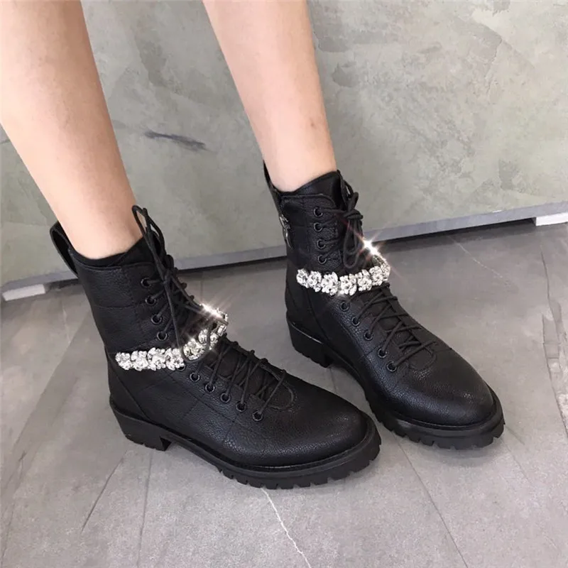 Женские ботинки на молнии; Botas; женские ботинки на шнуровке; chaussures femme; женская обувь из лакированной кожи со стразами; botas mujer с круглым носком