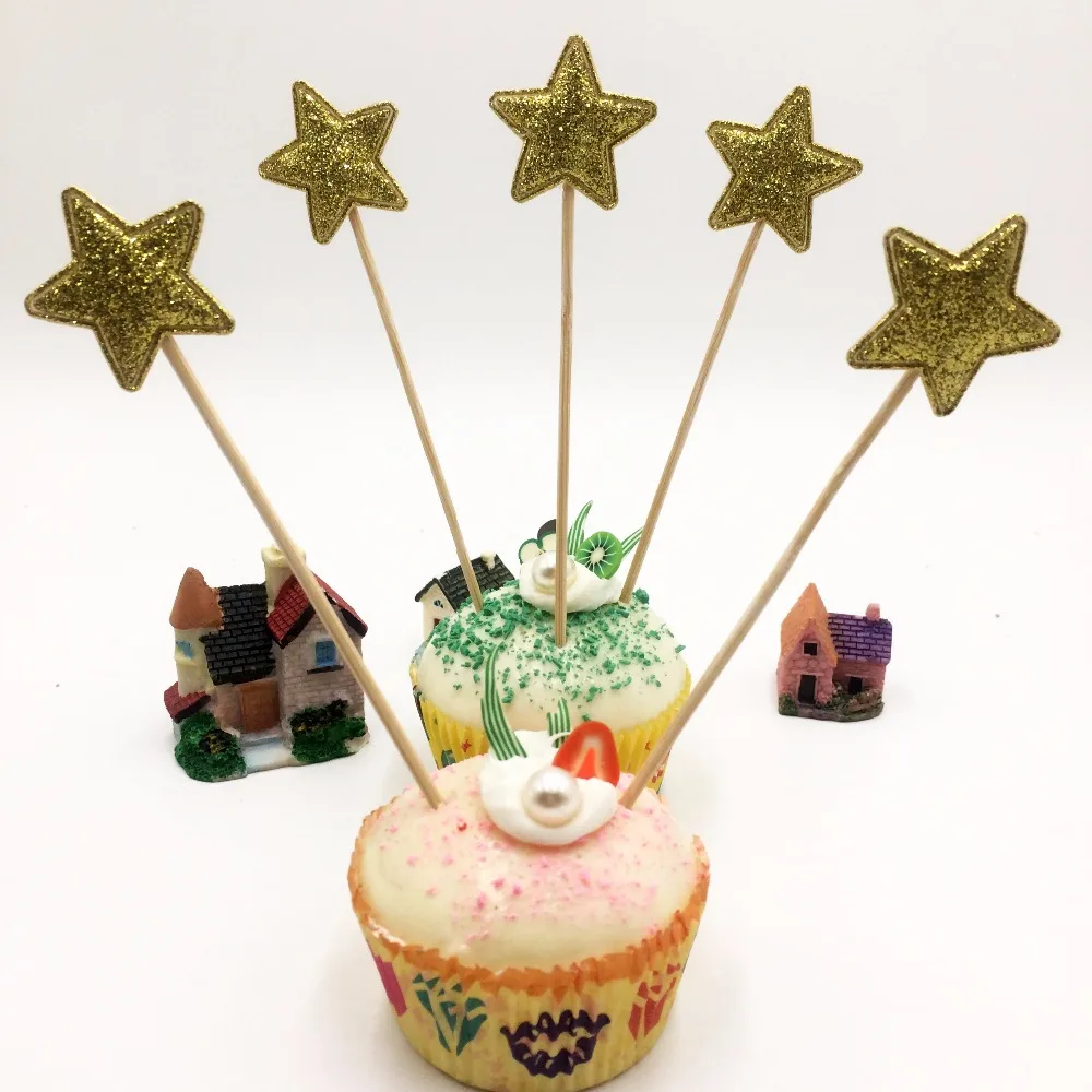 

5pcs/set Golden star Birthday Cake Toothpick Fruits fork one-off tableware bamboo fork Birthday Party Decoration Party Supplies