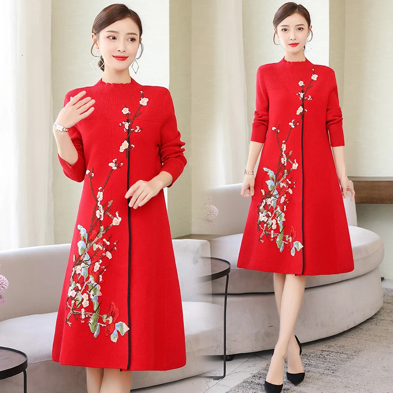 Женский свитер с высоким воротником, китайский стиль cheongsam, улучшенная версия платья, осенний и зимний вязаный свитер с вышивкой