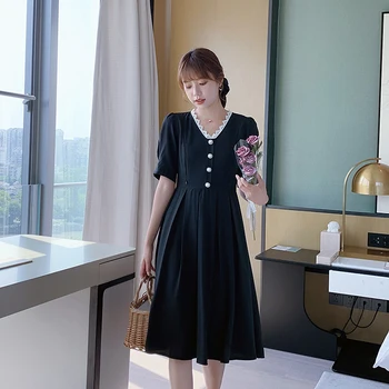 

2127# Summer Korean Fashion Black Thin Maternity Nursing Dress Bodycon Slim High Waist V neck Feeding Clothes Elegant Pregnancy