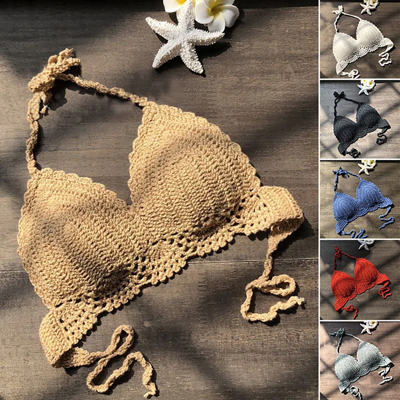 Micro Bikini 2020 Women Handmade Crochet Knit Swimwear Halter Patchwork Bathing Suit Swimsuit Biquini Thong traje de bano | Женская