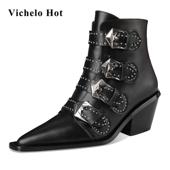 

Vichelo Hot large size retro genuine leather small square toe high heel rivet buckle decorations elegant lady ankle boots L07
